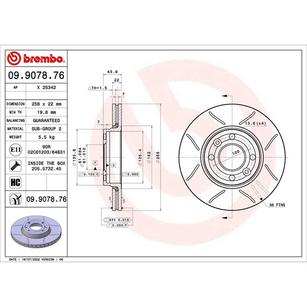 Bremseskive Indvendig ventileret, Foraksel BREMBO BREMBO