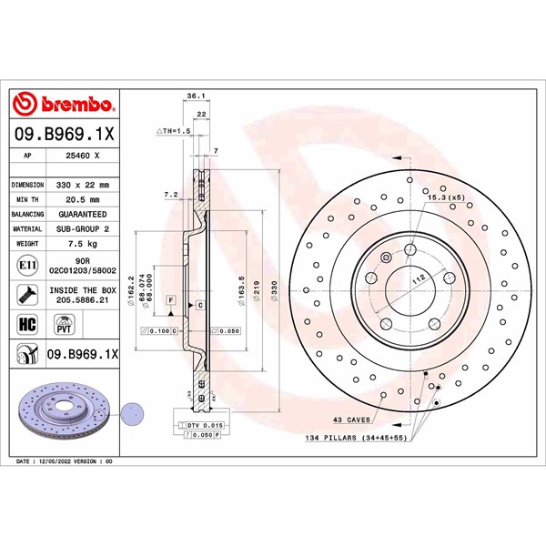 Bremseskive Perforeret/ventileret, Bagaksel, Foraksel BREMBO BREMBO