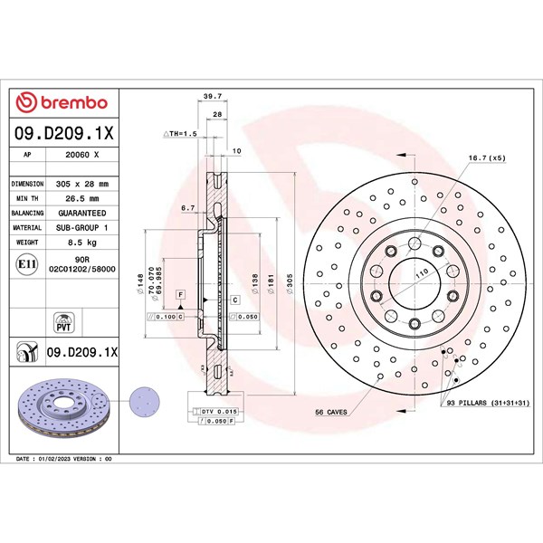 Bremseskive Perforeret/ventileret, Foraksel BREMBO BREMBO