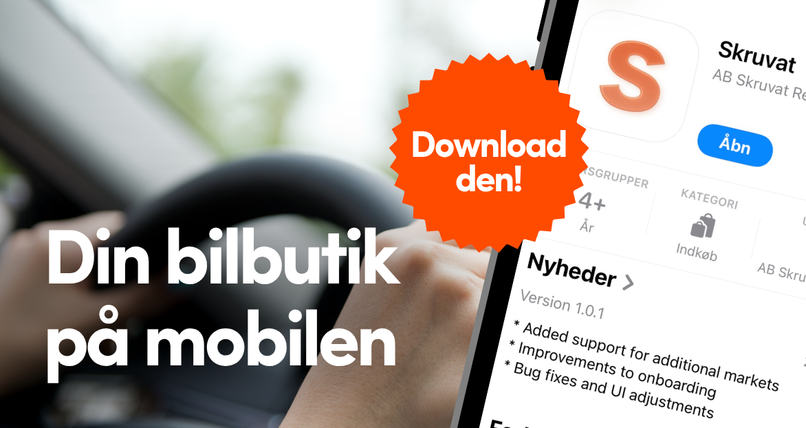 Banner for Skruvats app – alt til bilen direkte på mobilen. Download via App Store eller QR-kode.