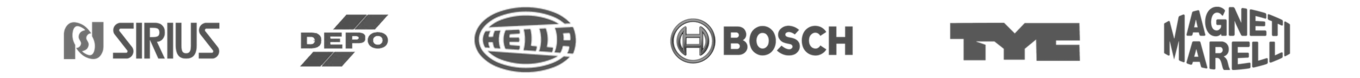 Alt="Logoer for producenter af bilbelysning og elektriske dele: Sirius, Depo, Hella, Bosch, TYC, Magneti Marelli