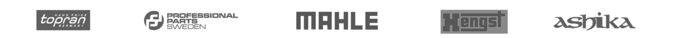 Logoer for producenter af filtre og servicekomponenter: Topran, Professional Parts Sweden, Mahle, Hengst, Ashika