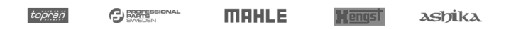 Logoer for producenter af filtre og servicekomponenter: Topran, Professional Parts Sweden, Mahle, Hengst, Ashika