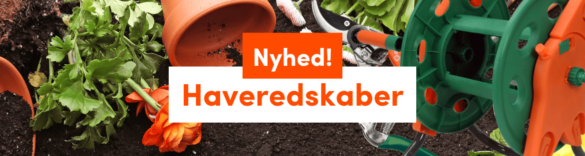 Haveværktøj med planter, potter, beskæresaks og slangeopruller – nyhed