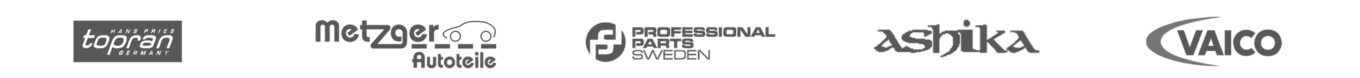 Logoer for producenter af viskerblade og servicekomponenter: Topran, Metzger Autoteile, Professional Parts Sweden, Ashika, Vaico