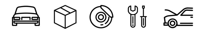 Ikon med bilfront, pakke, bremseskive, værktøj og åben motorhjelm – symbol for bilservice og reservedele