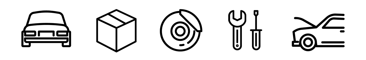 Ikon med bilfront, pakke, bremseskive, værktøj og åben motorhjelm – symbol for bilservice og reservedele