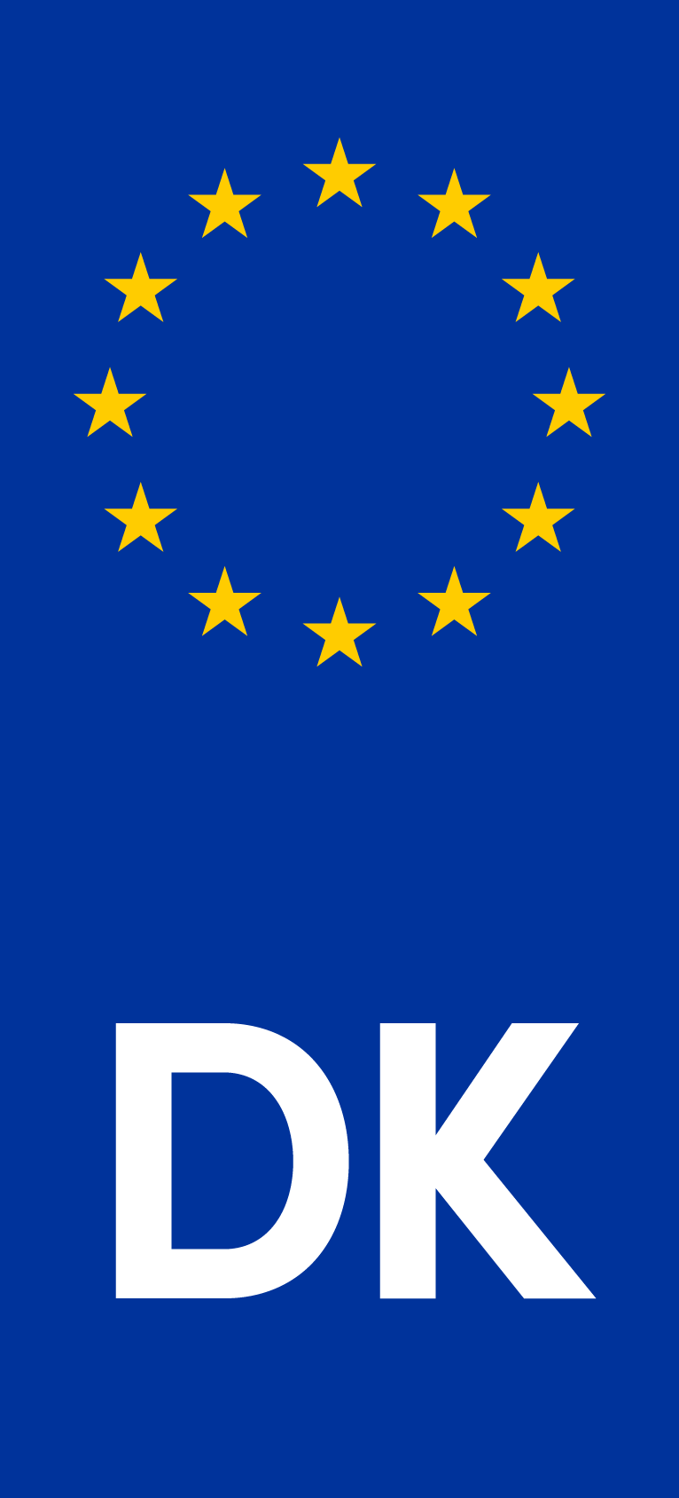 EU-symbol med stjerner og landekode DK for Danmark på nummerplade